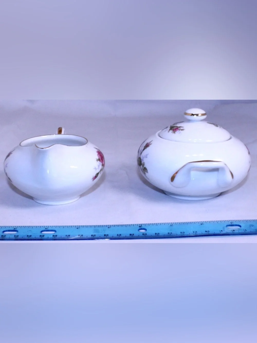 Vintage Sango Japan Moss Rose Porcelain Creamer and Lidded Sugar Set - Gold Trim